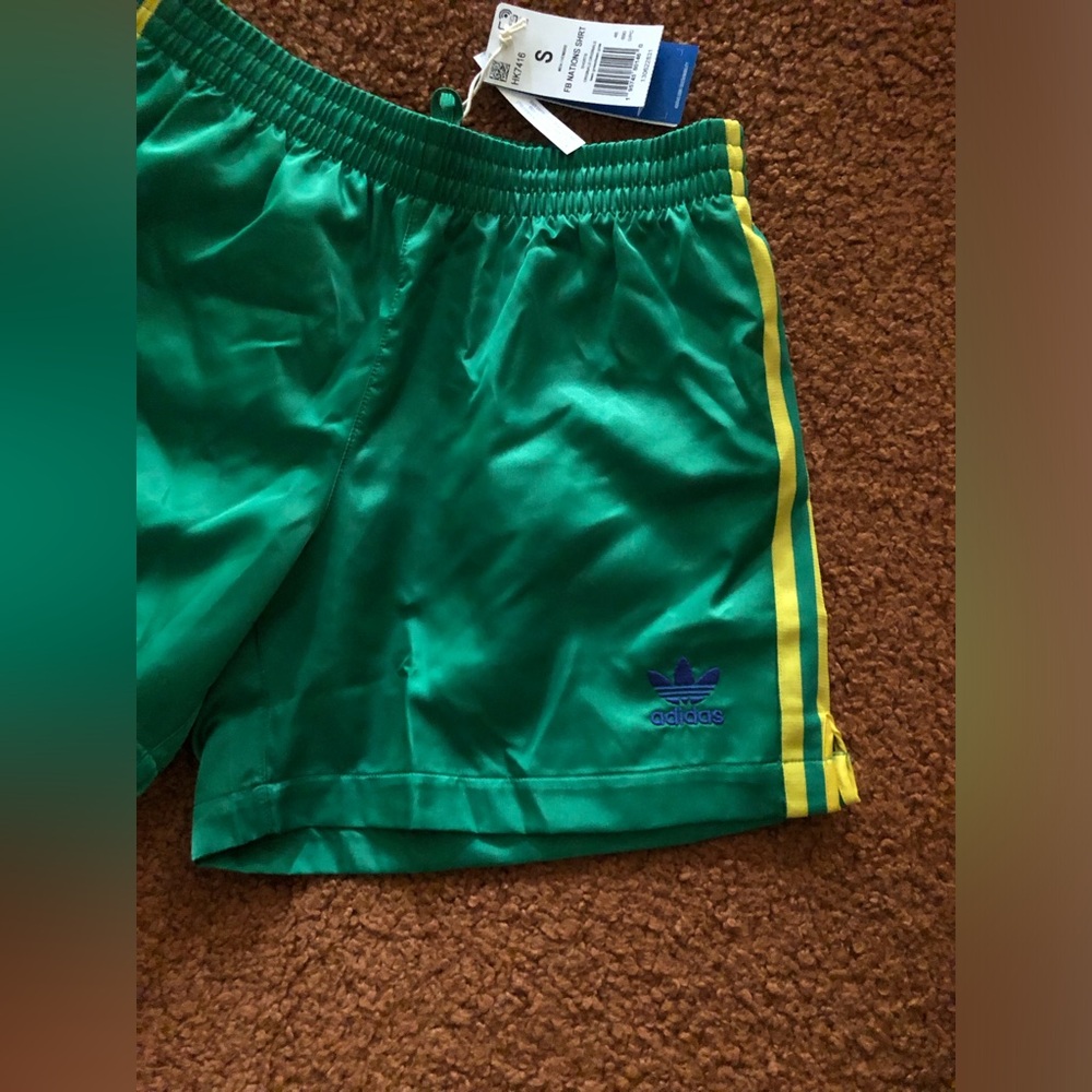 adidas Green Athletic Shorts with Blue Trefoil and Yellow Stripes - Picture 2 of 8